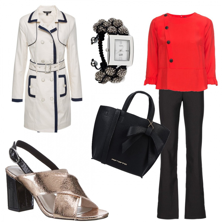 Outfit donna - Martedì a lavoro a prezzi low-cost. Stile Chic per Ufficio. Abbinamento con pantaloni, blusa con volant scollo profondo con spacco e bottoni rosso, cappotto, borsa a mano taglia media doppio manico interno sfoderato in pelle sintetica tinta unita, sandali con zeppe rosa, orologio.