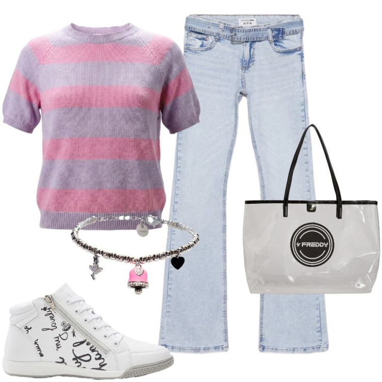 Outfit donna - Total look #2441736. Stile Casual per Scuola/Università. Abbinamento con sneakers, maglieria, jeans a zampa, shopping bag, braccialetti.