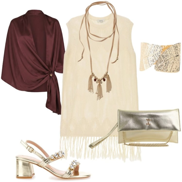 Outfit donna - Golden Age. Stile Glamour per Serata fuori. Abbinamento con collane, braccialetti, vestiti corti, stole, borse a tracolla, sandali gioiello.