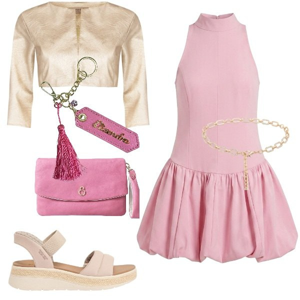 Outfit donna - L\'Aperitivo Giovane. Stile Romantica per Serata fuori. Abbinamento con sandali, pochette, portachiavi, bolero, cinture, vestiti corti.
