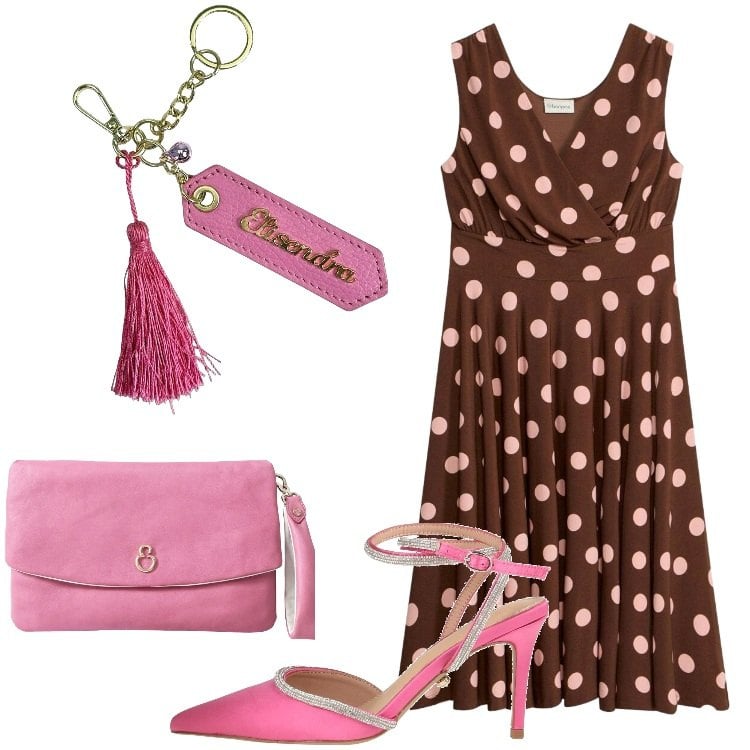 Outfit donna - Pretty woman Curvy style. Stile Romantica per Serata fuori. Abbinamento con décolleté, vestiti, pochette, portachiavi.