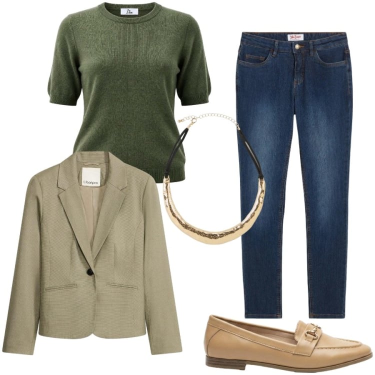Outfit donna - In ufficio. Stile Casual chic per Ufficio. Abbinamento con jeans skinny, mocassini, collane, blazer, maglieria.