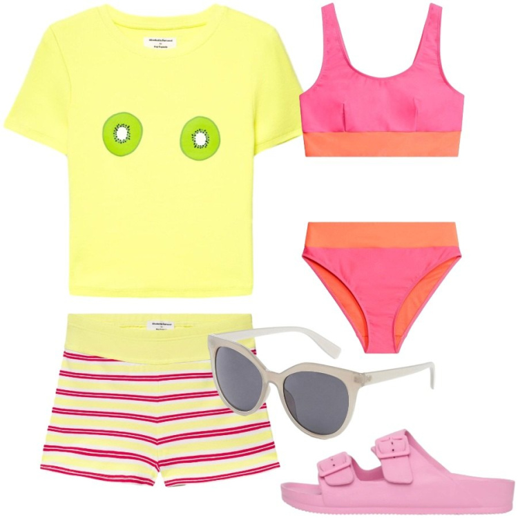 Outfit donna - In piscina. Stile Preppy per Mare. Abbinamento con bikini, occhiali da sole, t-shirt, shorts, ciabatte.
