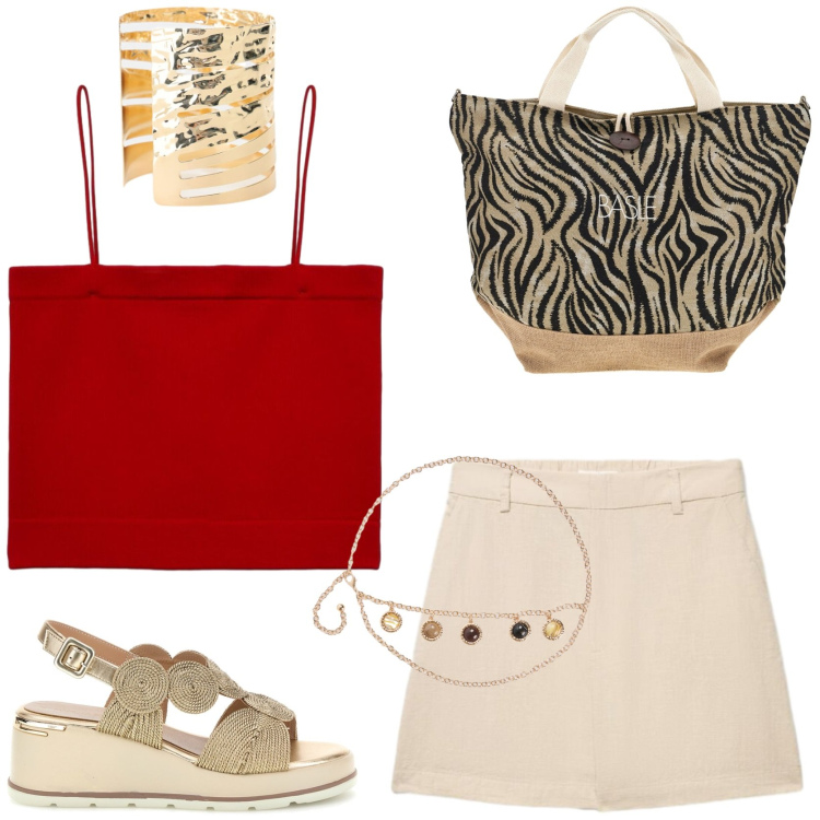 Outfit donna - Colori speziati. Stile Boho per Tutti i giorni. Abbinamento con cinture, shorts, top, braccialetti, sandali col tacco, shopping bag.