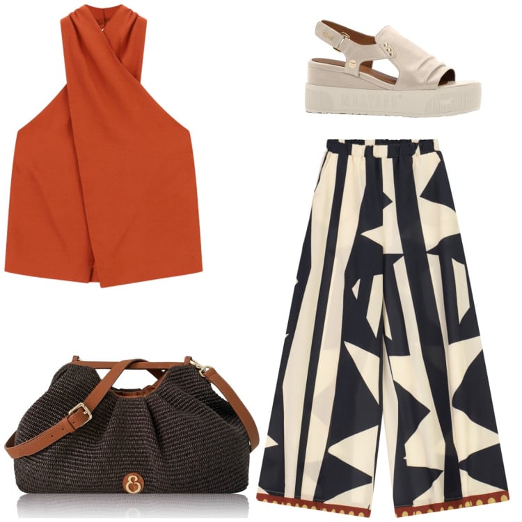 Outfit donna - I colori di un tramonto. Stile Glamour per Tutti i giorni. Abbinamento con sandali, clutch, top, pantaloni a palazzo.