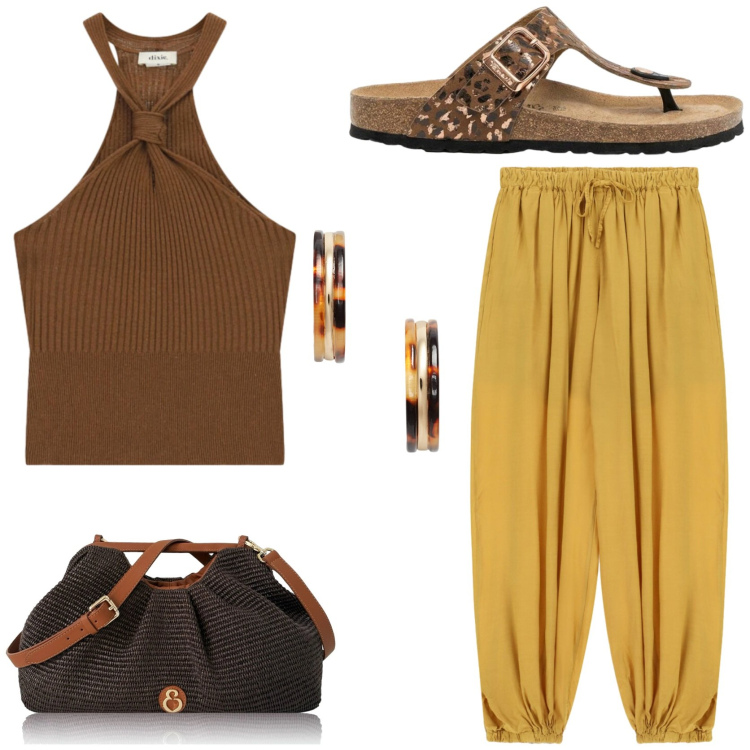 Outfit donna - Etnico e vacanziero. Stile Etnico per Tutti i giorni. Abbinamento con infradito, clutch, orecchini, pantaloni a palazzo, top.