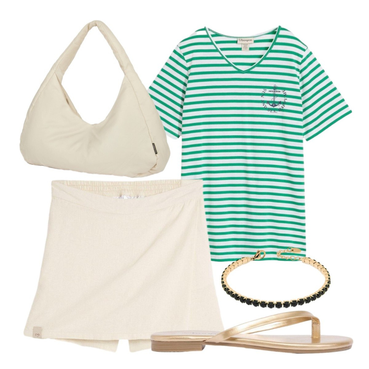 Outfit donna - Total white summer. Stile Casual per Tutti i giorni. Abbinamento con t-shirt, sandali, gonne, braccialetti, borse a spalla.
