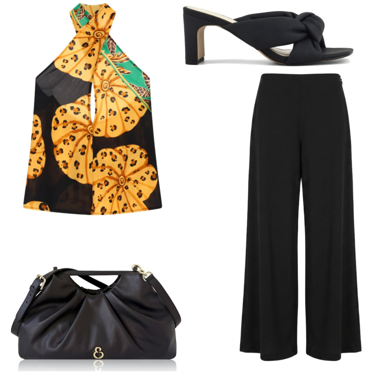 Outfit donna - Aperitivo al tramonto. Stile Chic per Tutti i giorni. Abbinamento con clutch, top, pantaloni a palazzo, sandali col tacco.