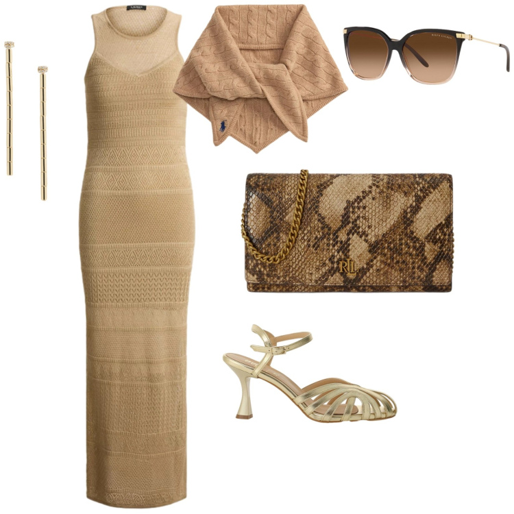 Outfit donna - Fresco tramonto. per Serata fuori. Abbinamento con sandali col tacco, occhiali da sole, orecchini, borse a tracolla, sciarpe, vestiti lunghi.