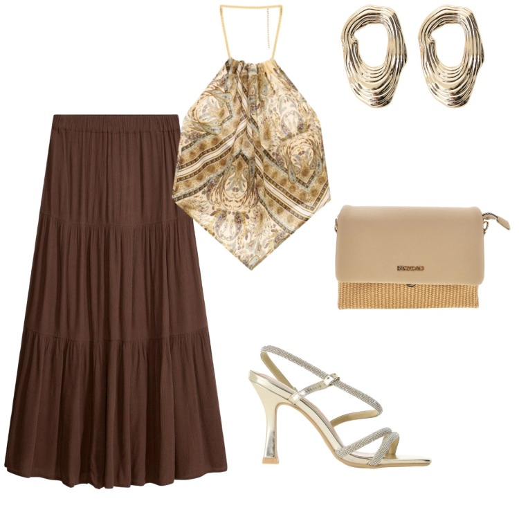 Outfit donna - Tramonto Gold. per Serata fuori. Abbinamento con gonne lunghe, orecchini, sandali col tacco, top, borse a spalla.