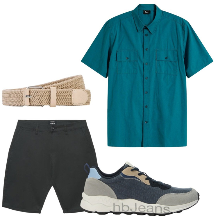 Outfit uomo - Low cost. Stile Casual per Tutti i giorni. Abbinamento con camicie a manica corta, cinture, sneakers, pantaloni corti.