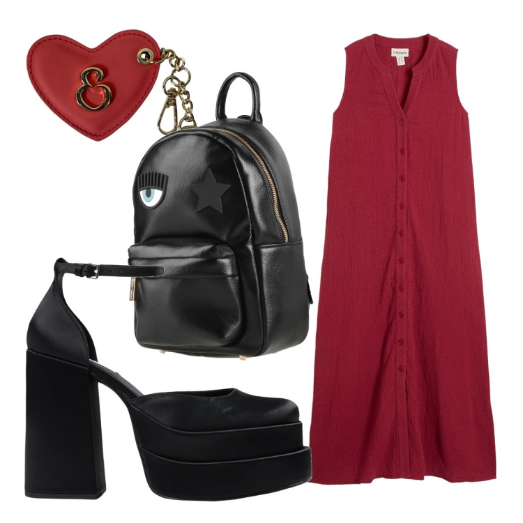 Outfit donna - Oggi mi vesto così. Stile Trendy per Serata fuori. Abbinamento con zaini, décolleté, vestiti, portachiavi.