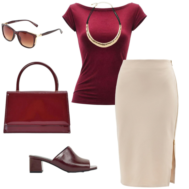 Outfit donna - Commissioni. per Tutti i giorni. Abbinamento con occhiali da sole, collane, ciabatte, top, gonne longuette, borse a mano.