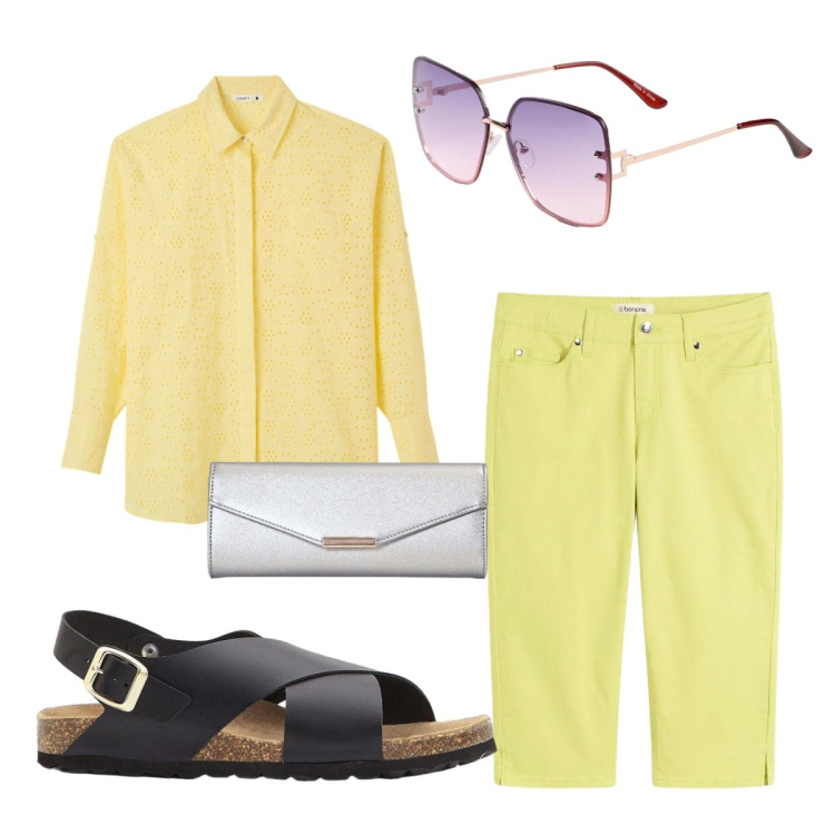 Outfit donna - Summer sun. Stile Minimal per Tutti i giorni. Abbinamento con occhiali da sole, sandali in pelle, pantaloni capri, camicie, clutch.