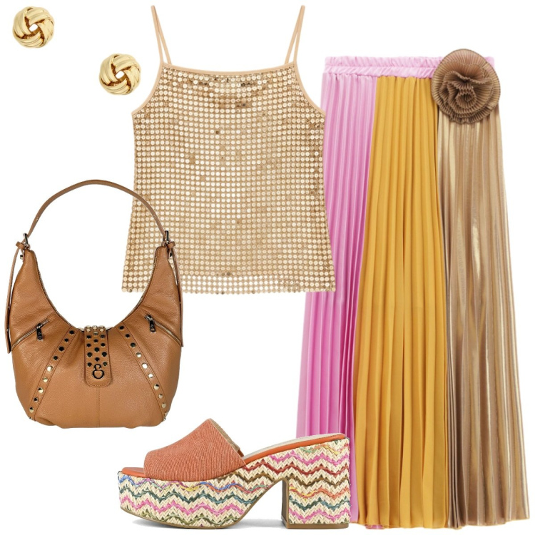 Outfit donna - Gold e mix color. Stile Etnico per Tutti i giorni. Abbinamento con borse a spalla, orecchini, gonne lunghe, top, sandali col tacco.