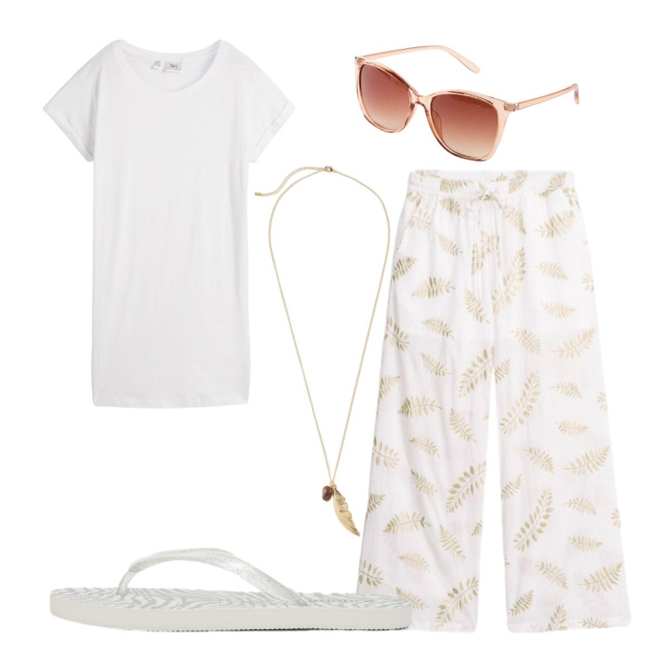 Outfit donna - Beautiful style. Stile Minimal per Tutti i giorni. Abbinamento con t-shirt, occhiali da sole, collane, pantaloni a palazzo, infradito.