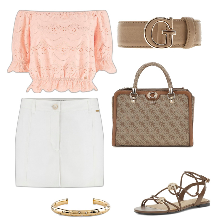 Outfit mujer - Casual #6691. Estilo Casual para Todos los días. Combinación con top, sandalias de piel, pantalones cortos, bolsos de mano, cinturones, pulseras.