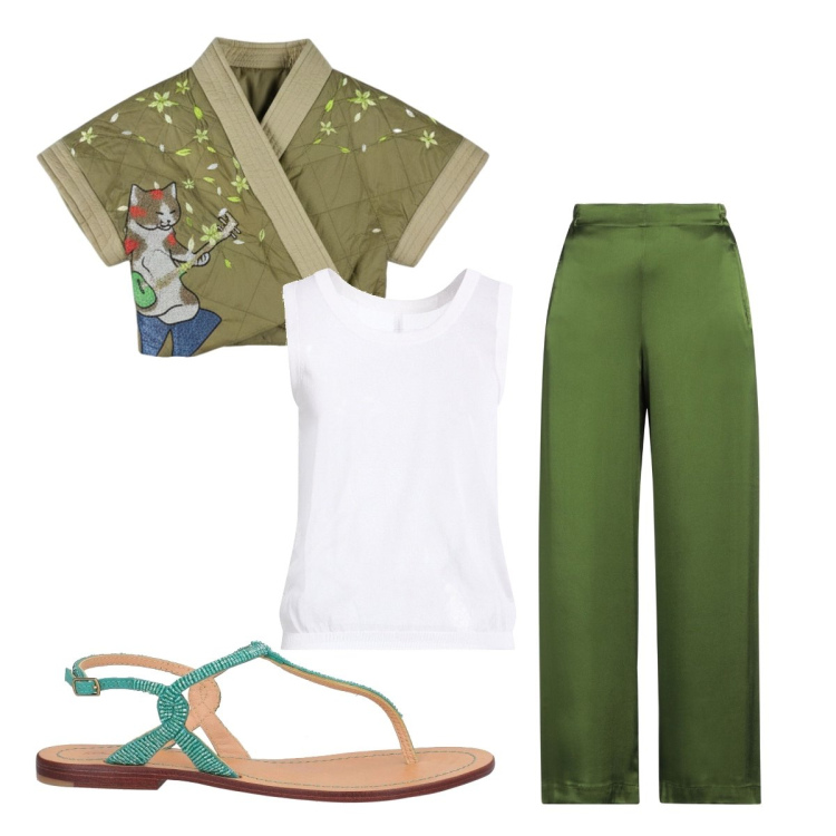 Outfit donna - Verde gatto. Stile Military per Serata fuori. Abbinamento con pantaloni, top, infradito, kimono.