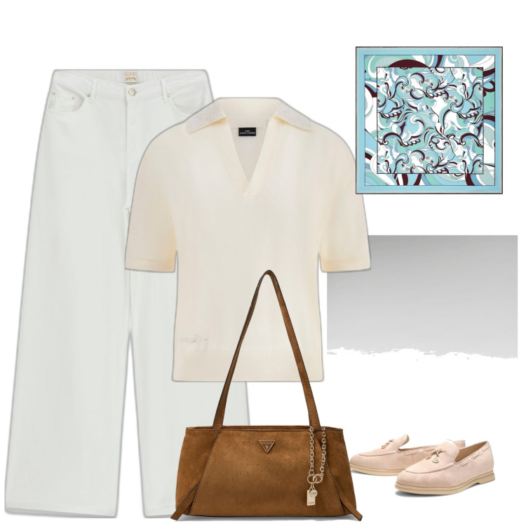 Outfit mujer - Casual chic #10090. Estilo Casual chic para Todos los días. Combinación con mocasines, pantalones palazzo, polo, bolsos de hombro, bandas para el pelo.