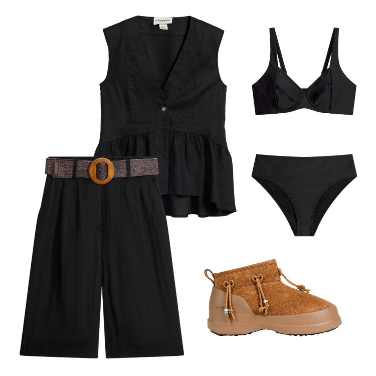 Outfit donna - Elegante è un po’ Boho. Stile Boho per Serata fuori. Abbinamento con stivali da neve, gilet, bermuda, bikini.