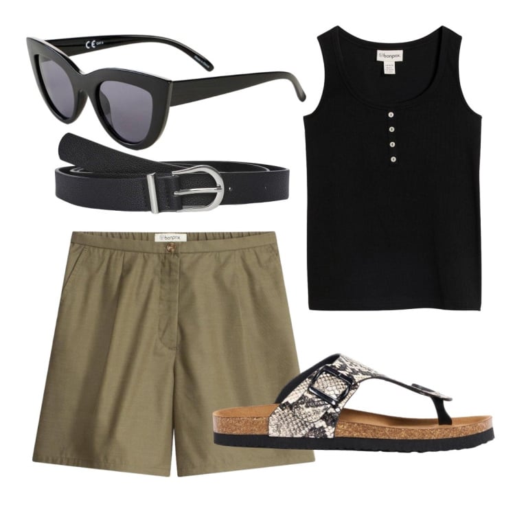 Outfit donna - A Torino con Manu. Stile Casual per Tutti i giorni. Abbinamento con bermuda, occhiali da sole, infradito, canottiere, cinture.