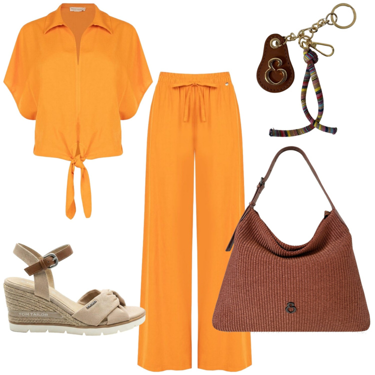 Outfit donna - Must-have in lino. Stile Etnico per Tutti i giorni. Abbinamento con sandali col tacco, borse a spalla, portachiavi, camicie a manica corta, pantaloni a palazzo.