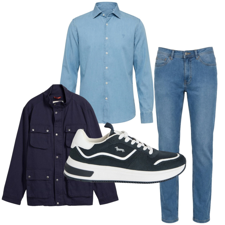 Outfit uomo - Denim leggero. Stile Casual per Tutti i giorni. Abbinamento con giacche, sneakers, jeans, camicie.