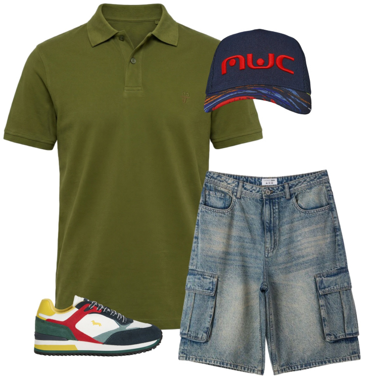 Outfit uomo - Total look #2441812. Stile Casual per Tutti i giorni. Abbinamento con sneakers, polo, cappelli con visiera, pantaloni corti.
