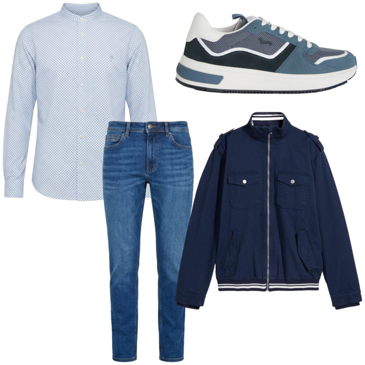 Outfit uomo - Denim leggero. Stile Trendy per Tutti i giorni. Abbinamento con giacche, sneakers, jeans, camicie.