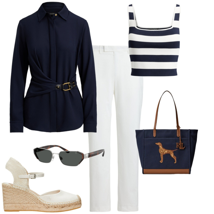 Outfit donna - Chic ogni giorno. Stile Sporty chic per Tutti i giorni. Abbinamento con espadrillas, top, occhiali da sole, pantaloni, borse tote, camicie.