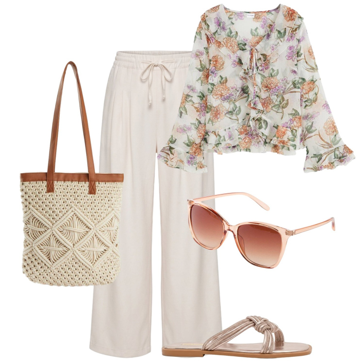 Outfit donna - Stampe delicate. Stile Casual chic per Tutti i giorni. Abbinamento con bluse, occhiali da sole, shopping bag, pantaloni, sandali.