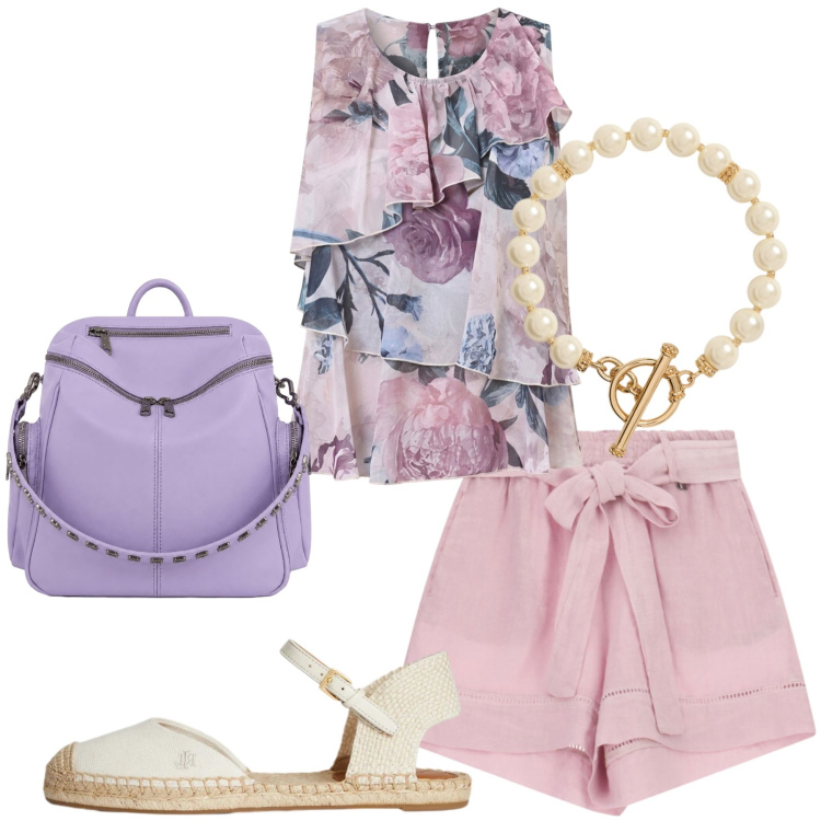 Outfit donna - Summer Holidays. Stile Romantica per Tutti i giorni. Abbinamento con shorts, top, espadrillas, collane, zaini.