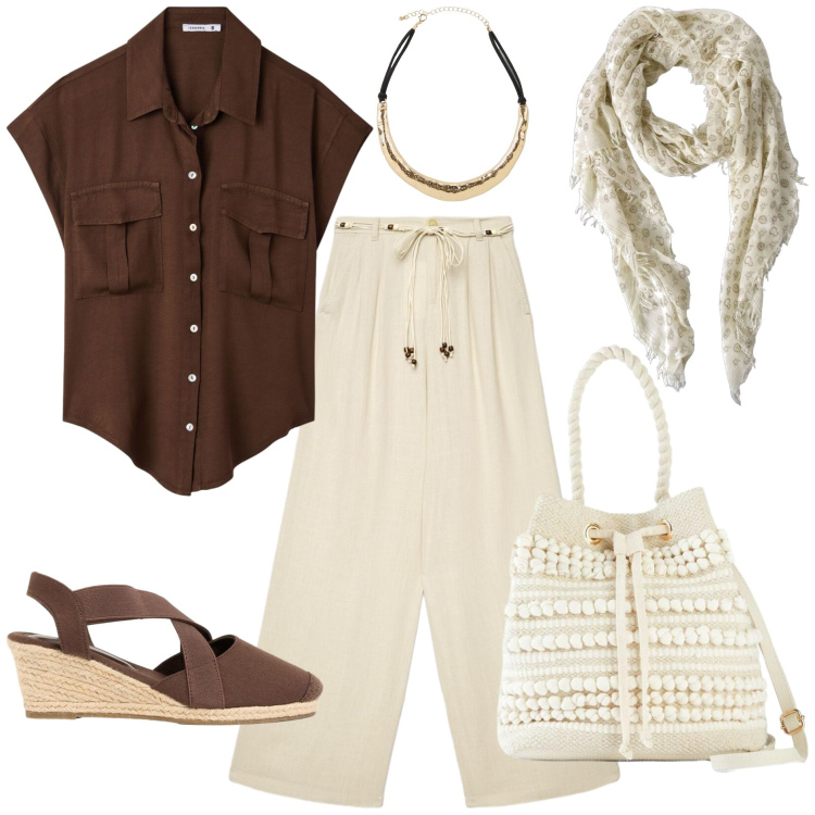 Outfit donna - Must-have lino. Stile Etnico per Tutti i giorni. Abbinamento con collane, zeppe, borse a secchiello, sciarpe, pantaloni, camicie a manica corta.