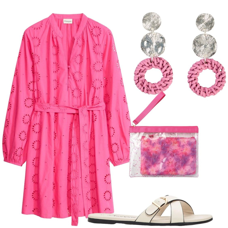 Outfit donna - Serate estive. Stile Chic per Serata fuori. Abbinamento con ciabatte, orecchini, vestiti, pochette.