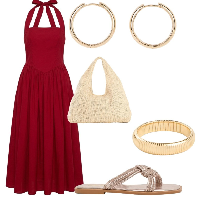 Outfit donna - Serate. Stile Chic per Serata fuori. Abbinamento con orecchini, braccialetti, shopping bag, vestiti lunghi, sandali.