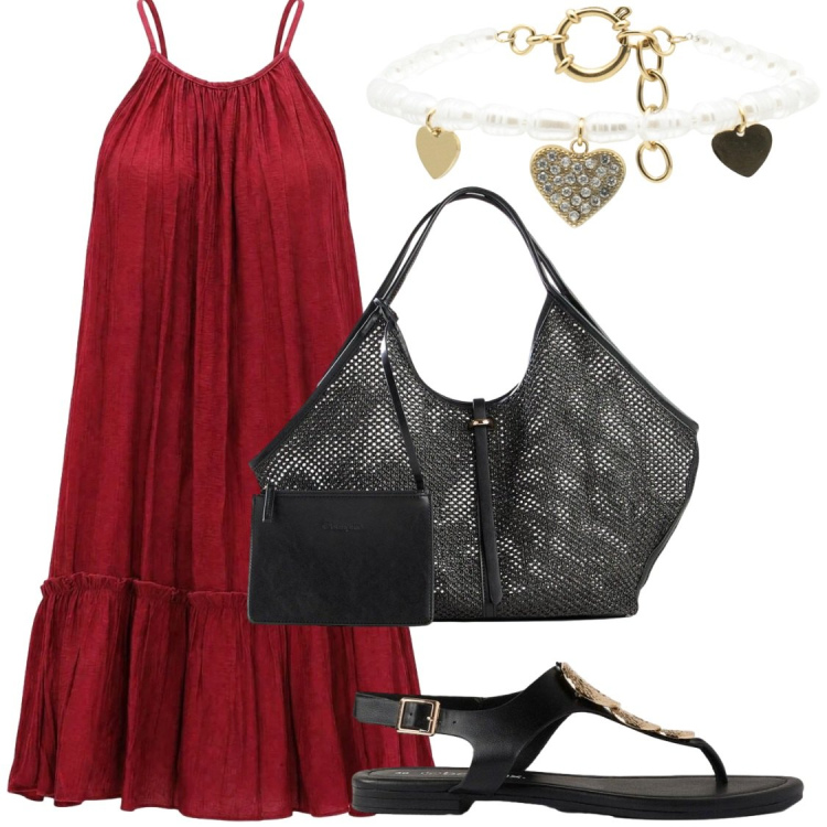 Outfit donna - Comoda e chic in low cost. Stile Chic per Serata fuori. Abbinamento con shopping bag, ciabatte, vestiti corti, braccialetti.