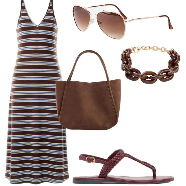 Outfit donna - Comoda e chic in low cost. Stile Chic per Serata fuori. Abbinamento con braccialetti, shopping bag, ciabatte, occhiali da sole, vestiti lunghi.