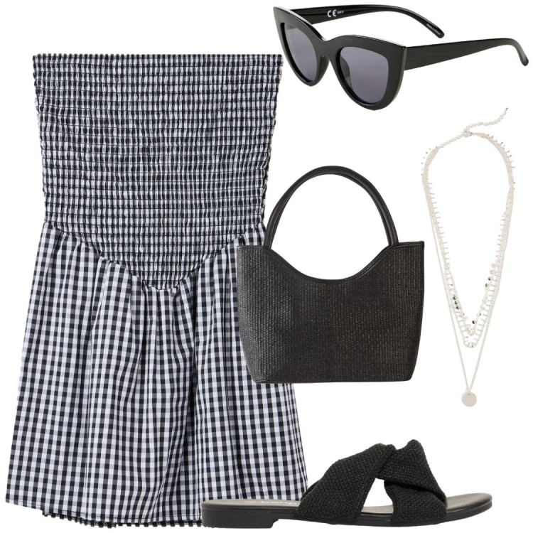 Outfit donna - Estate a quadretti. Stile Vintage retrò per Serata fuori. Abbinamento con occhiali da sole, sandali, collane, shopping bag, vestiti.