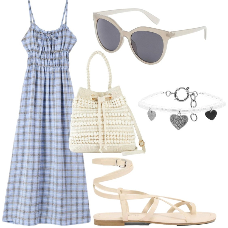 Outfit donna - Vestito a quadretti. Stile Vintage retrò per Tutti i giorni. Abbinamento con occhiali da sole, sandali, borse a secchiello, vestiti lunghi, braccialetti.
