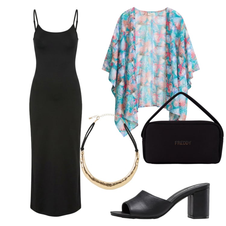 Outfit donna - Total look #2441838. Stile Romantica per Serata fuori. Abbinamento con sandali col tacco, collane, kimono, vestiti lunghi, borse a mano.