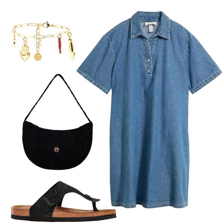 Outfit donna - Total look #2441839. Stile Basic per Mare. Abbinamento con infradito, vestiti chemisier, braccialetti, borse a mano.