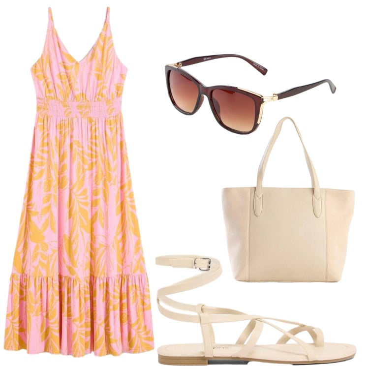 Outfit donna - Total look #2441840. Stile Romantica per Tutti i giorni. look ideale per Tall. Abbinamento con vestiti, occhiali da sole, sandali, shopping bag.