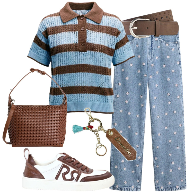 Outfit donna - Sporty. Stile Casual per Tutti i giorni. Abbinamento con jeans dritti, cinture, polo, borse a spalla, portachiavi, sneakers.