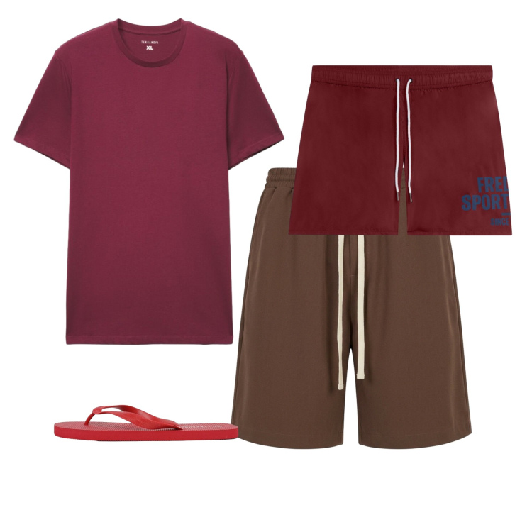 Outfit uomo - Total look #2441847. Stile Urban per Mare. Abbinamento con t-shirt, pantaloni corti, sandali, costumi.