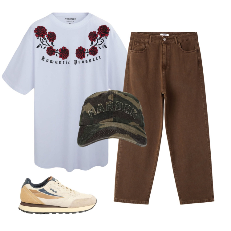 Outfit uomo - Total look #2441849. Stile Casual per Serata speciale. Abbinamento con sneakers, t-shirt, cappelli con visiera, pantaloni.