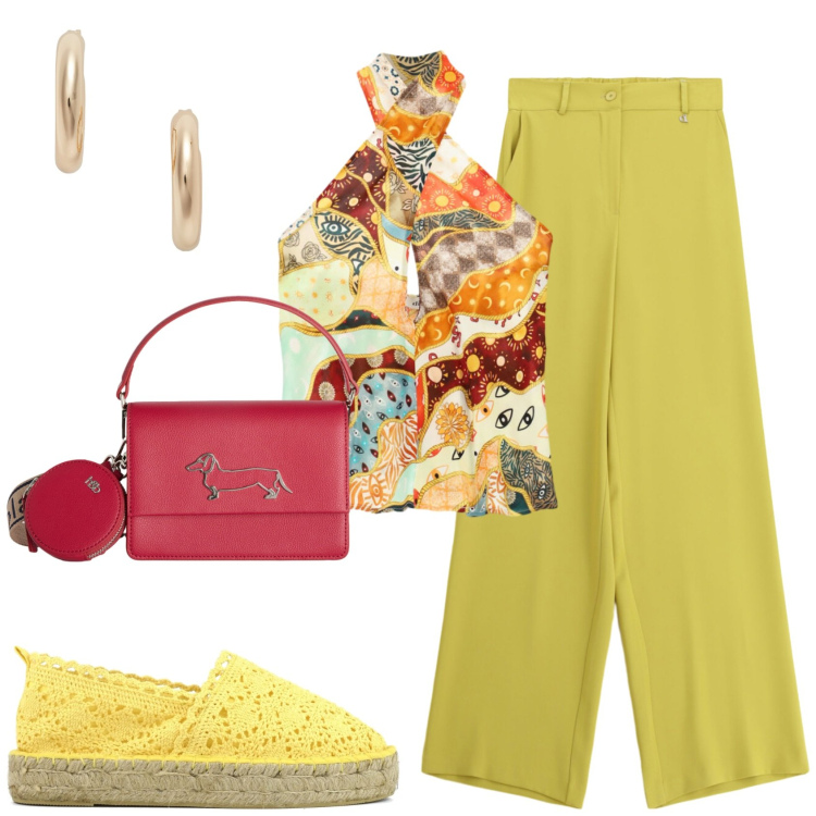 Outfit donna - Il Leone fa da Protagonista ad agosto. Stile Casual per Tutti i giorni. Abbinamento con borse a tracolla, orecchini, pantaloni a palazzo, top, espadrillas.