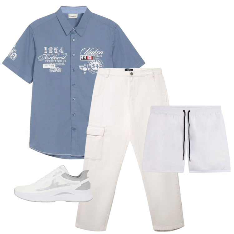 Outfit uomo - Total look #2441863. Stile Urban per Mare. Abbinamento con camicie a manica corta, pantaloni cargo, sneakers, costumi.