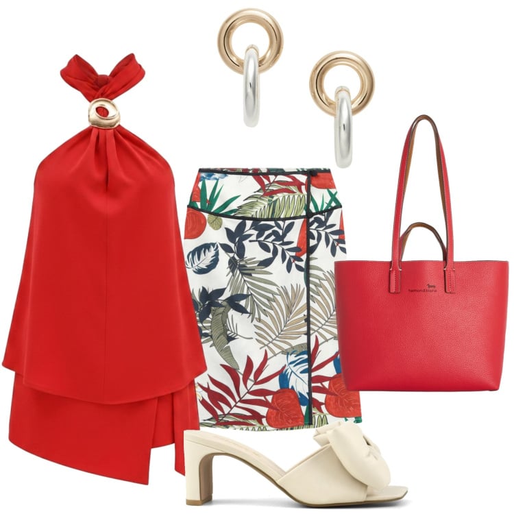 Outfit donna - Sunset Gold. Stile Glamour per Mare. Abbinamento con shopping bag, orecchini, gonne longuette, top, sandali col tacco.