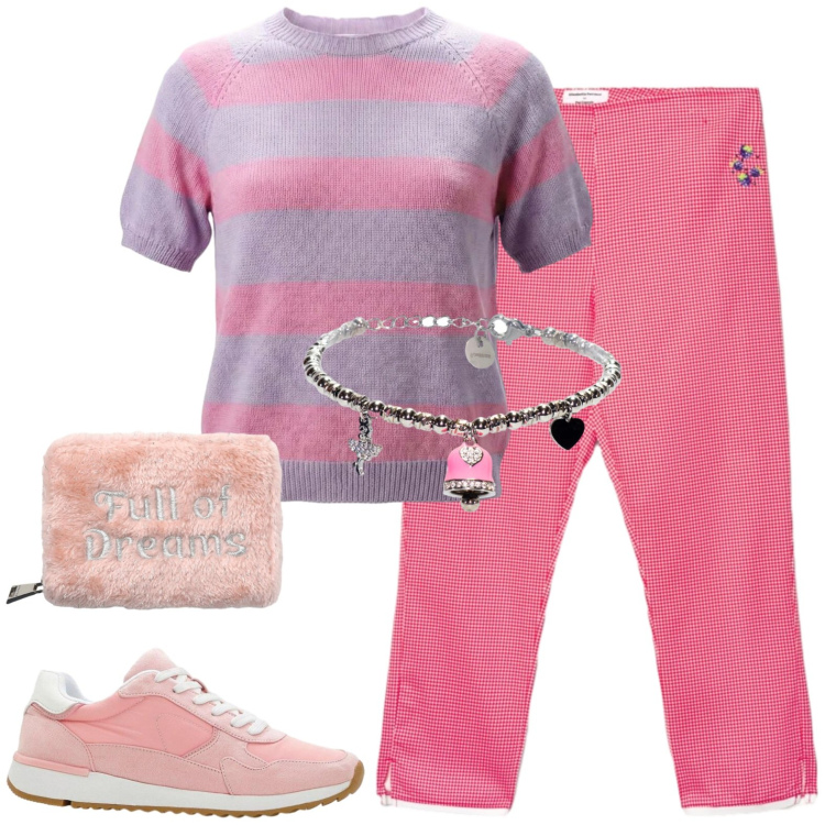 Outfit donna - Sporty. Stile Casual per Tutti i giorni. Abbinamento con sneakers, maglieria, pantaloni capri, portafogli, braccialetti.