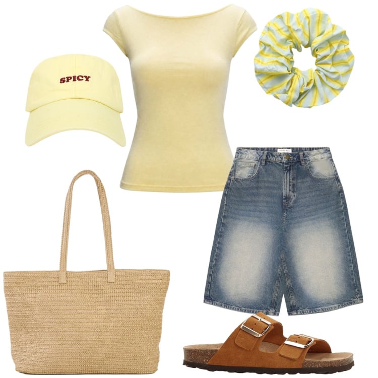 Outfit donna - Total look #2441872. Stile Casual per Tutti i giorni. Abbinamento con shopping bag, ciabatte, top, pantaloni corti, accessori per capelli, cappelli con visiera.